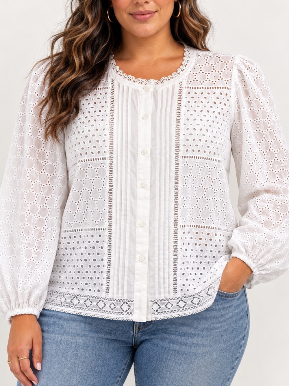 J. McLaughlin White Eyelet Cottagecore Lace Cotton Button Down Blouse